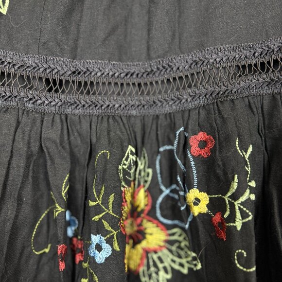 Women's Linen Tiered Midi Skirt 14 Black Floral Embroidery Sequin Festival Boho - Picture 5 of 9